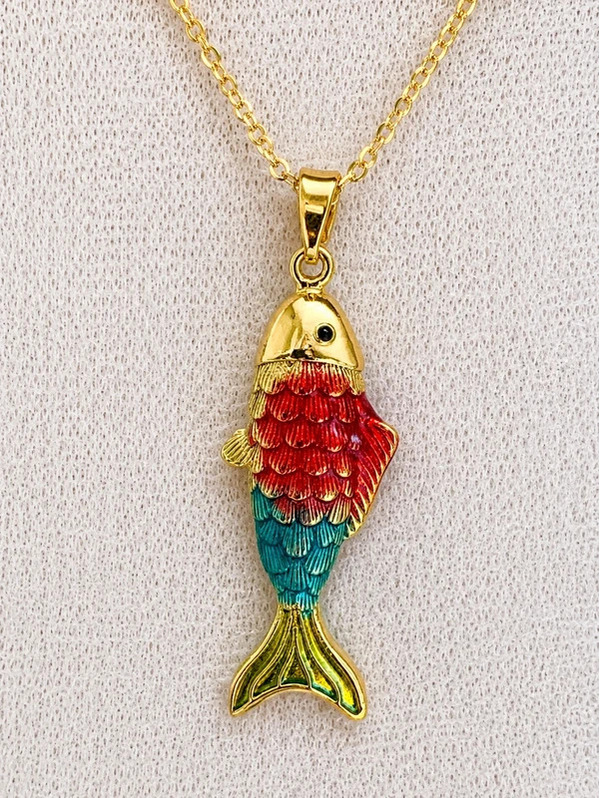 Colorful Enamel Fish Pendant Necklace Gold Tone Ocean Beach Coastal Jewelry